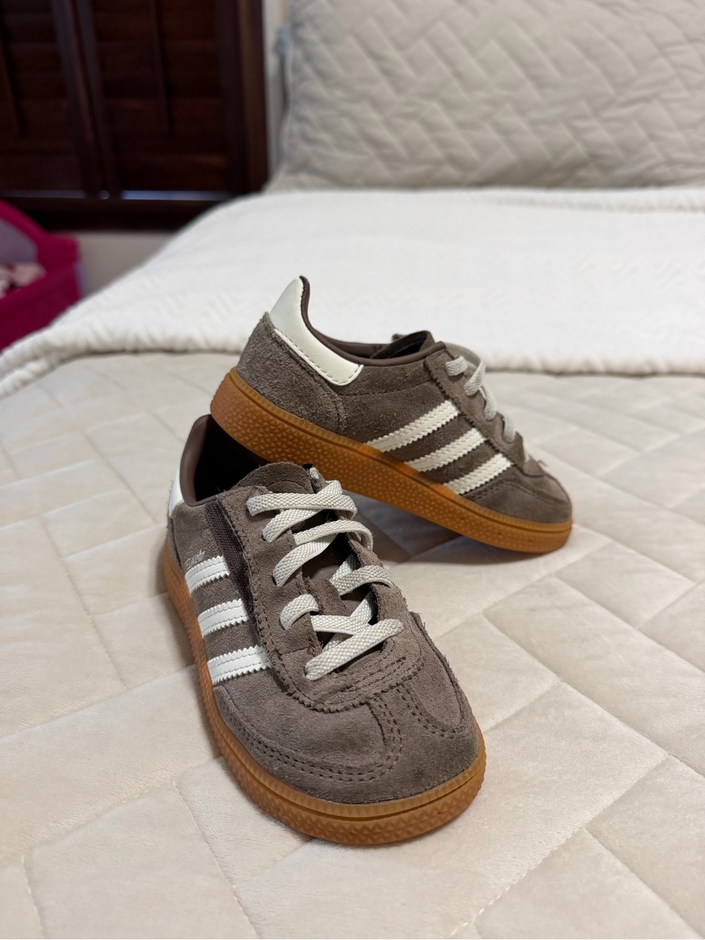adidas Kids Taupe Suede Sneakers with White Stripes